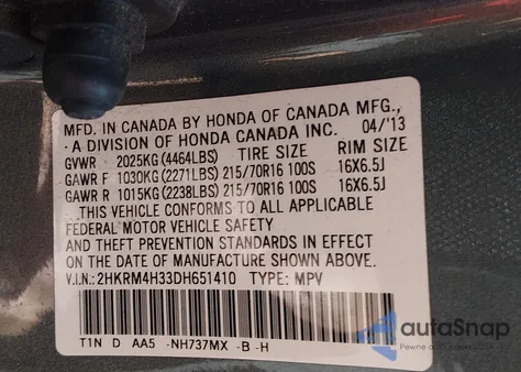 2013 Honda Cr-V Lx из США, поврежденный, VIN 2HKRM4H33DH651410